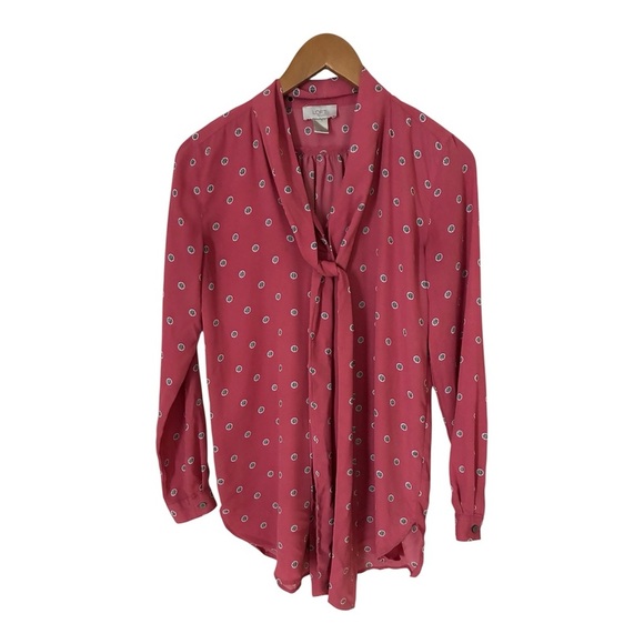 LOFT Rose Pink Dot Tie Neck Bow Tunic Blouse Top XS Oversized Fits Small - Picture 3 of 8